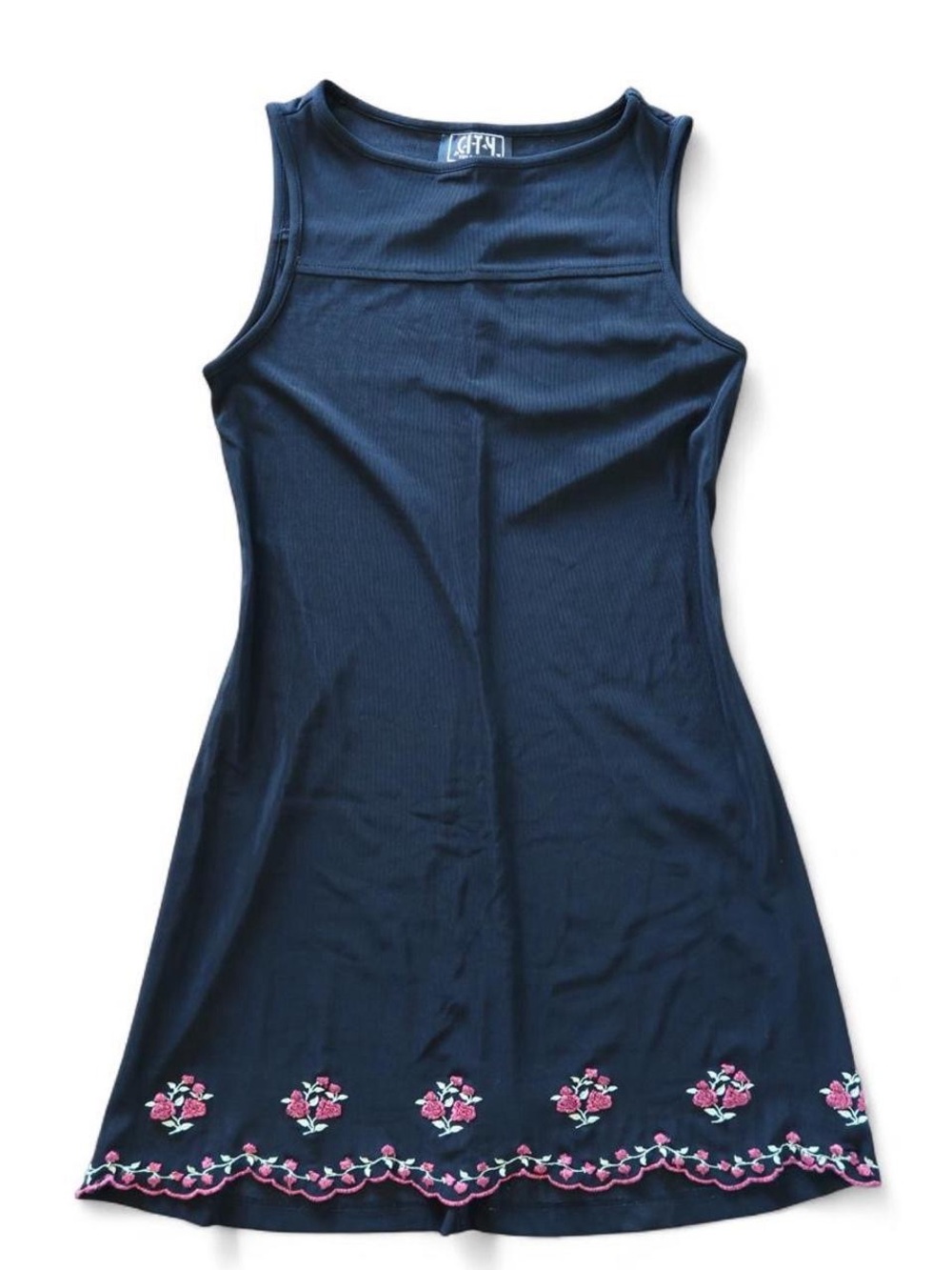 City Triangles Black Dress with Embroidered Flower Scalloped Hem